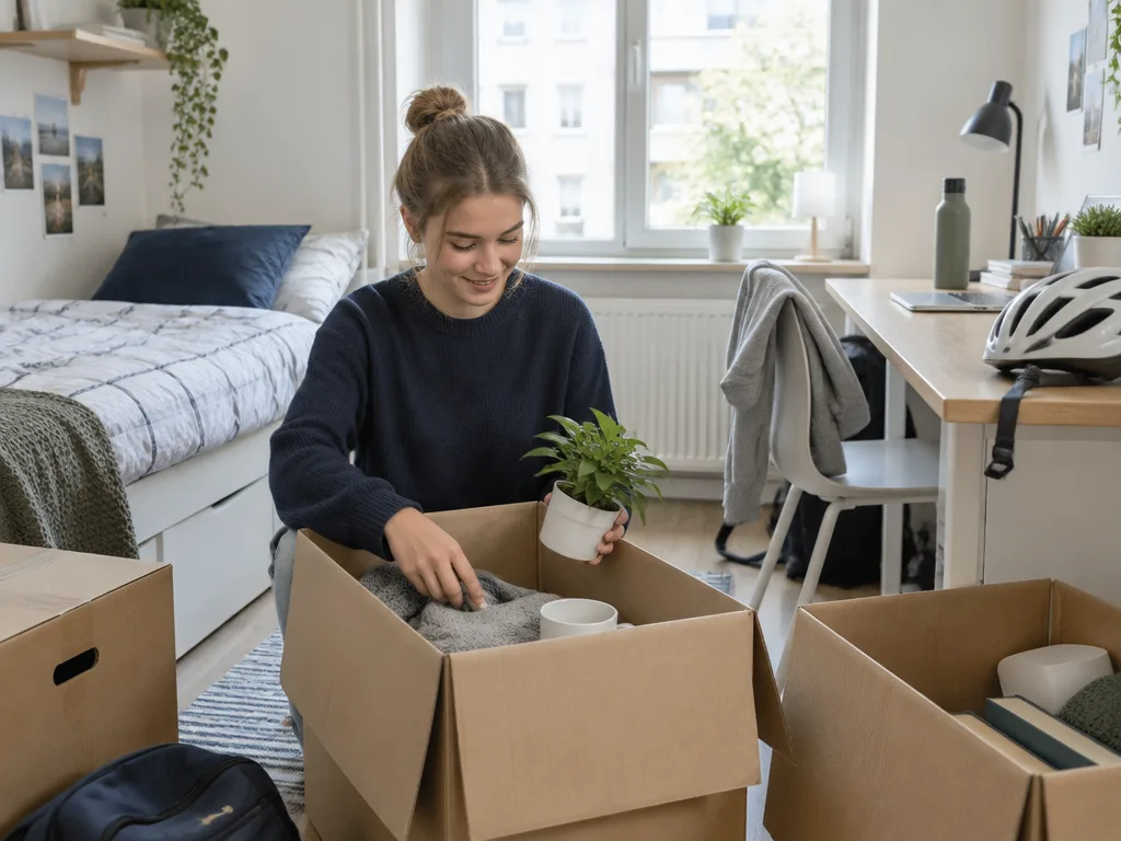 Student packar upp flyttkartonger i ett litet studentrum med säng och skrivbord