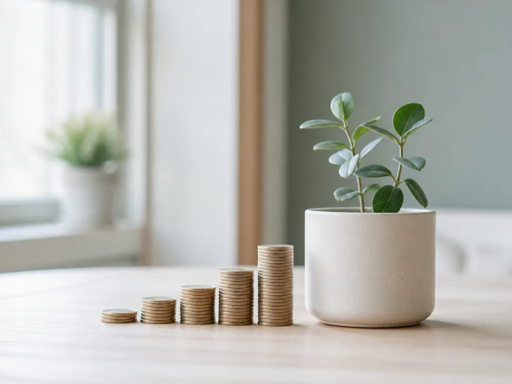 Flat minimalistisk illustration av staplade mynt bredvid en liten krukväxt på ett ljust träbord, mjukt naturligt ljus