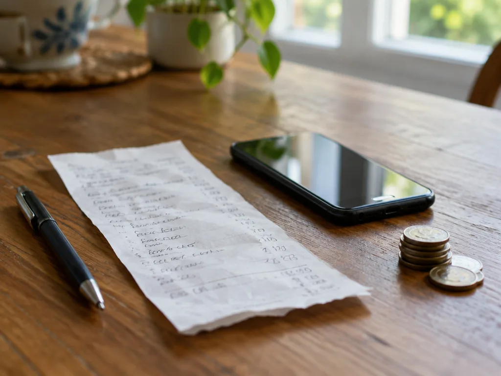 Handskrivet kvitto, penna, mobiltelefon och några mynt på ett köksbord i trä