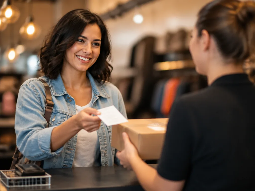 Kund lämnar tillbaka ett paket till en butiksanställd vid en servicedisk med kvittot i handen