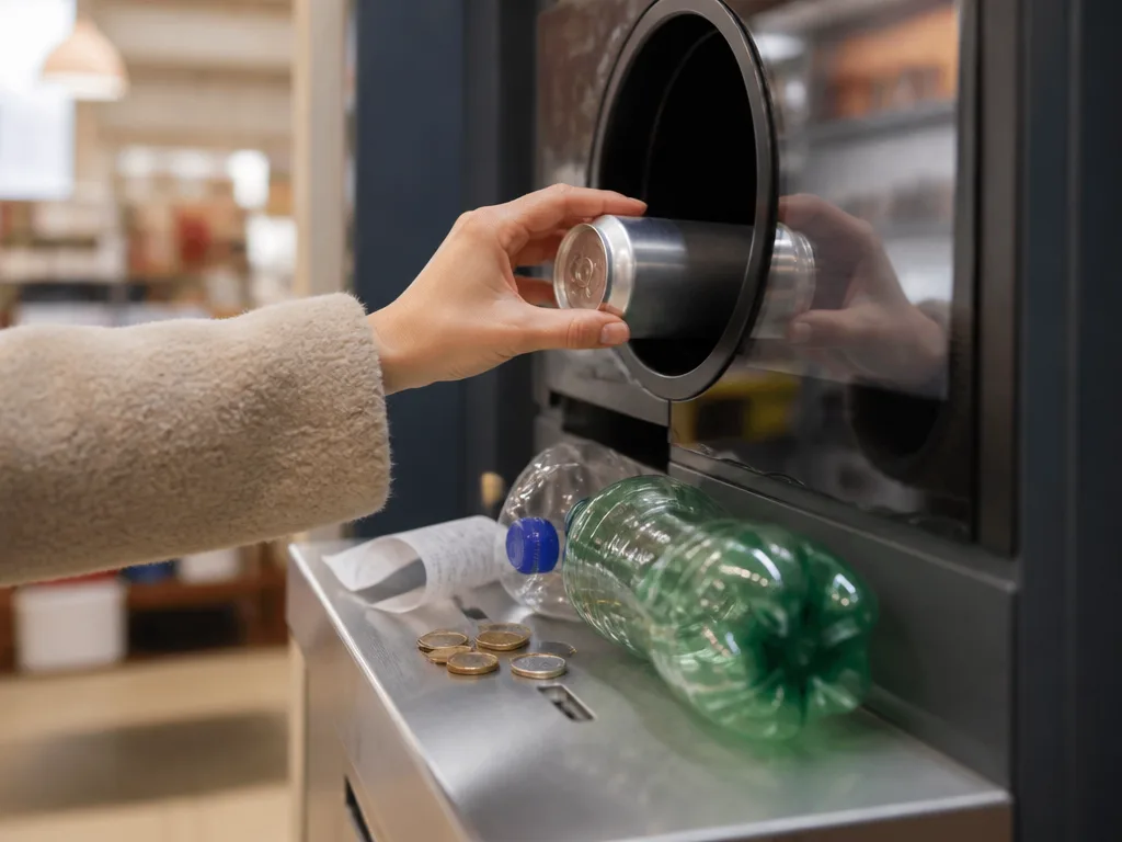 Burkar och PET-flaskor matas in i en pantautomat i en svensk matbutik