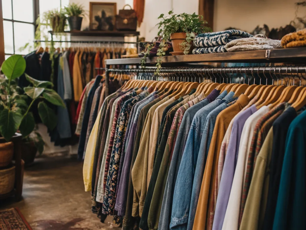 Rader av begagnade kläder på galgar i en second hand-butik