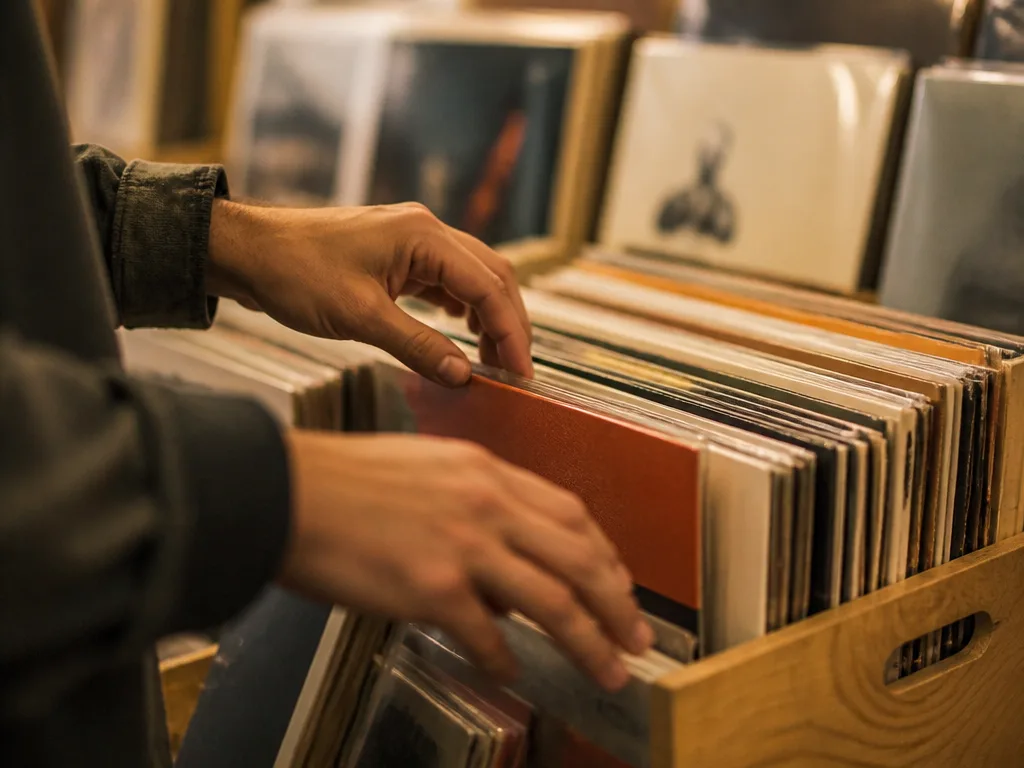 En hög med vinylskivor i en låda som bläddras igenom i en skivbutik