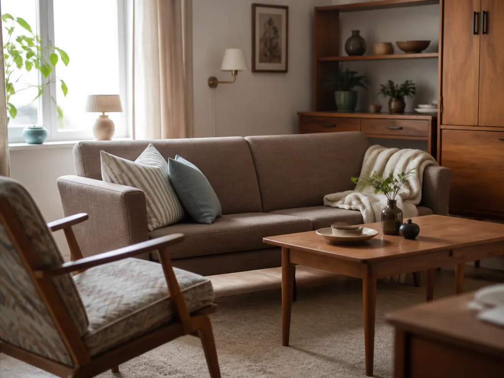 En soffa, ett soffbord och en fåtölj uppställda i ett ljust vardagsrum inför försäljning