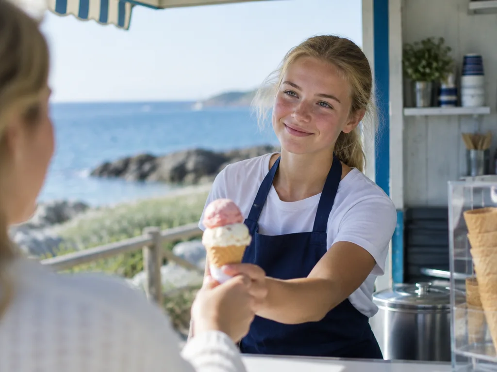 Tonårstjej i förkläde räcker över en glasstrut i en glasskiosk vid havet