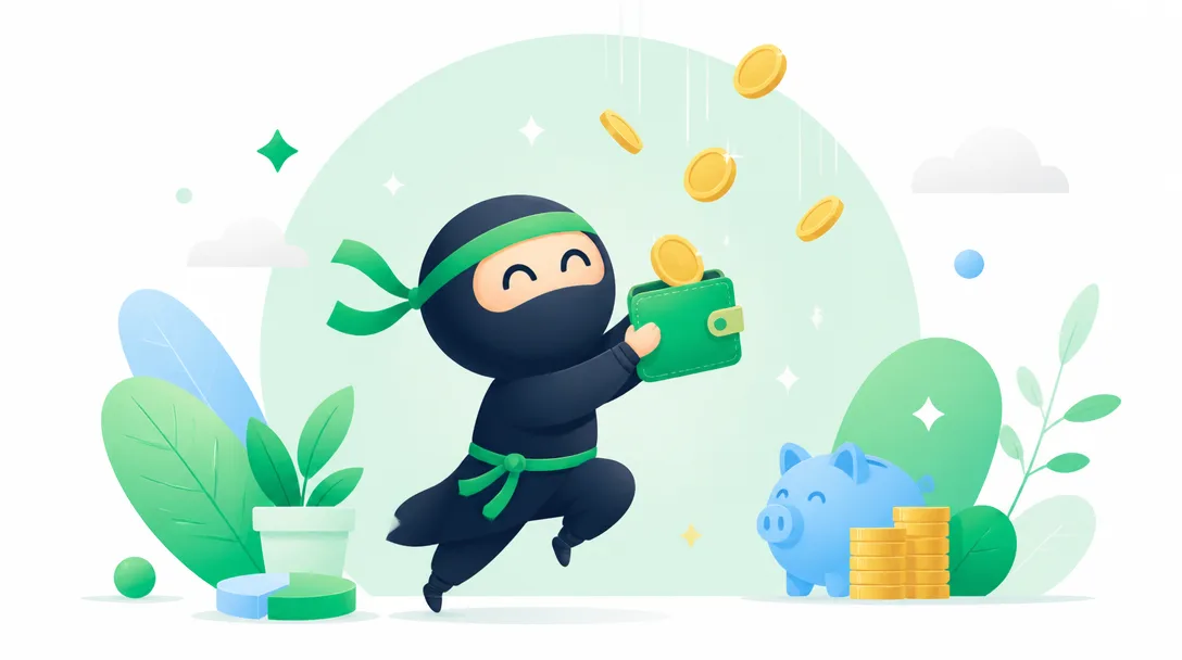Illustration av en ninja som fångar mynt i en plånbok